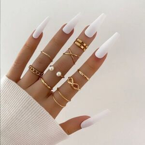 Gold 9pc Faux Pearl Ring Set